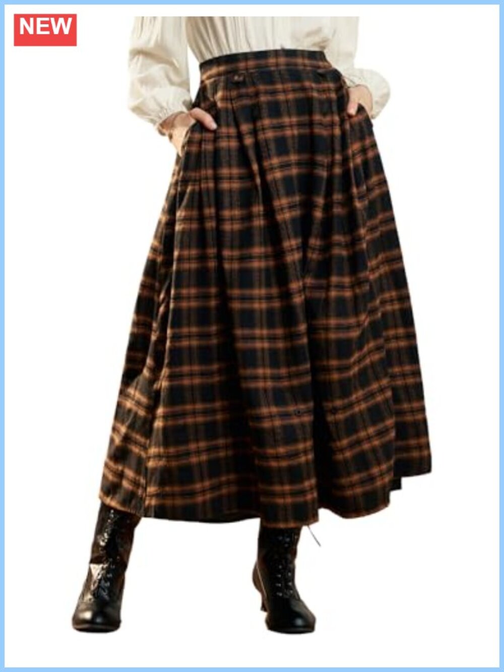 Women's High Waist Plaid Maxi Skirt with Pockets, A-Line Long Skirt